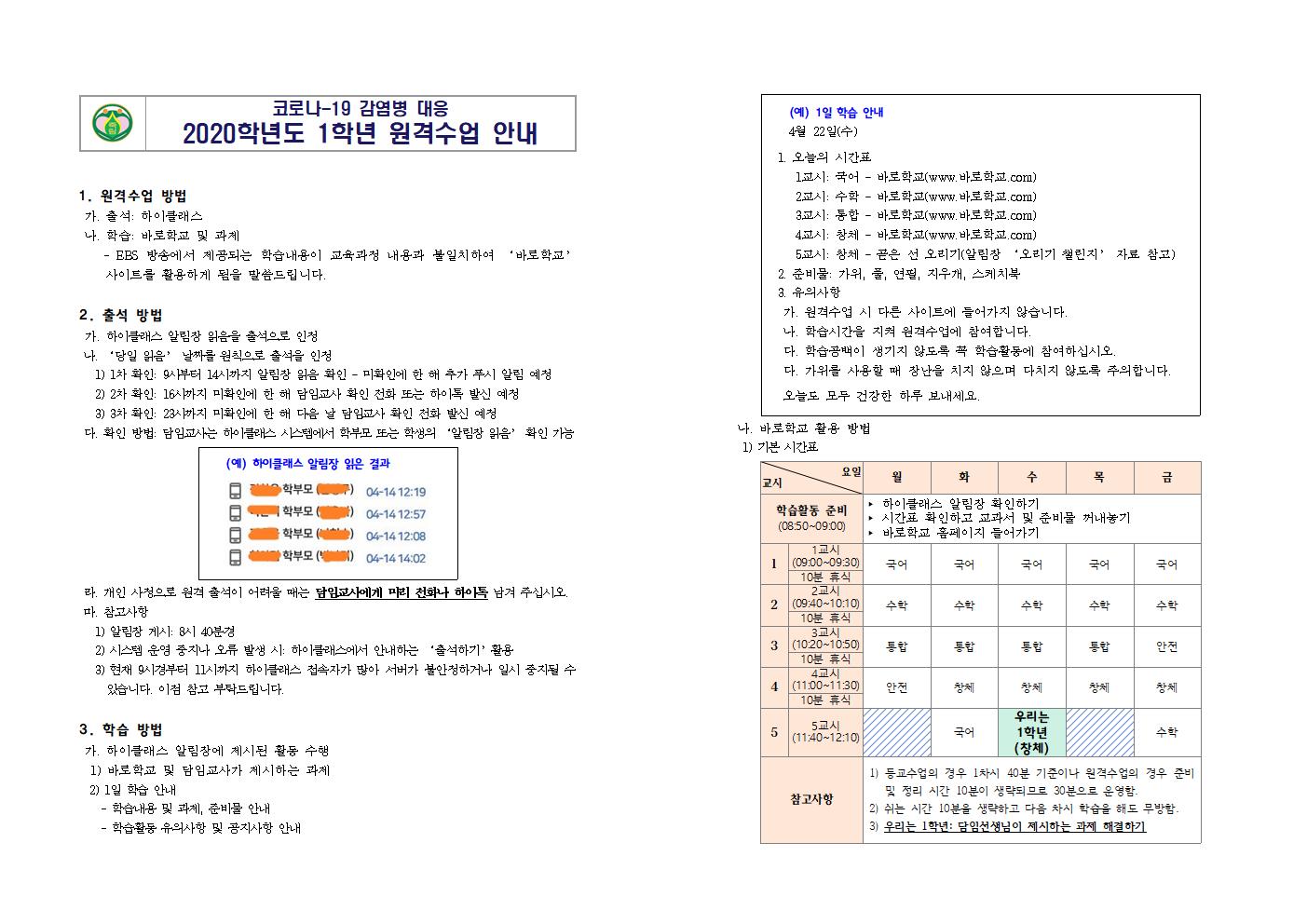 2020.1학년 원격수업 안내001