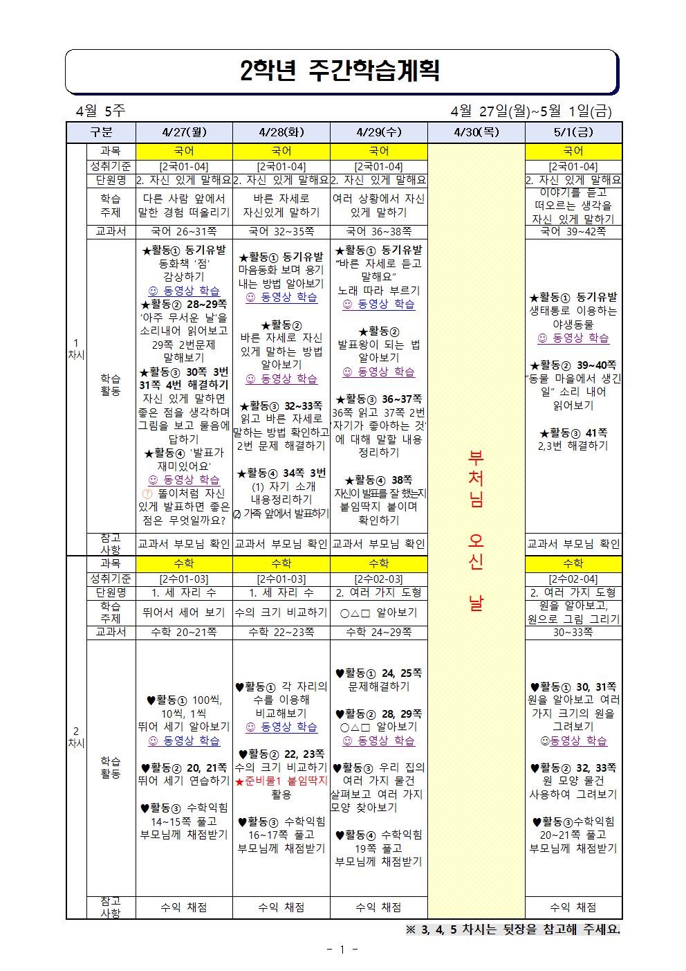 2학년 주간학습계획(4월27일-5월1일)001