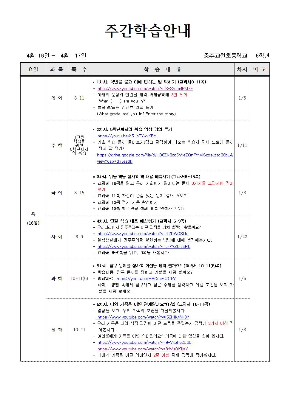 4월16일-4월17일 온라인 주간학습 계획001