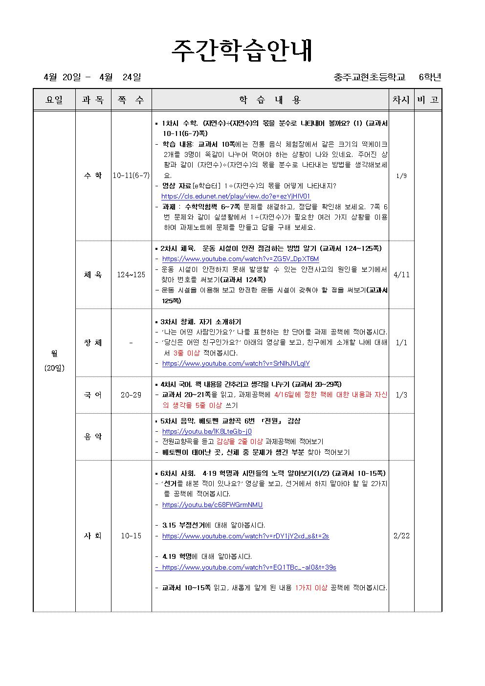 4월20일~4월 24일 온라인 주간학습 계획001