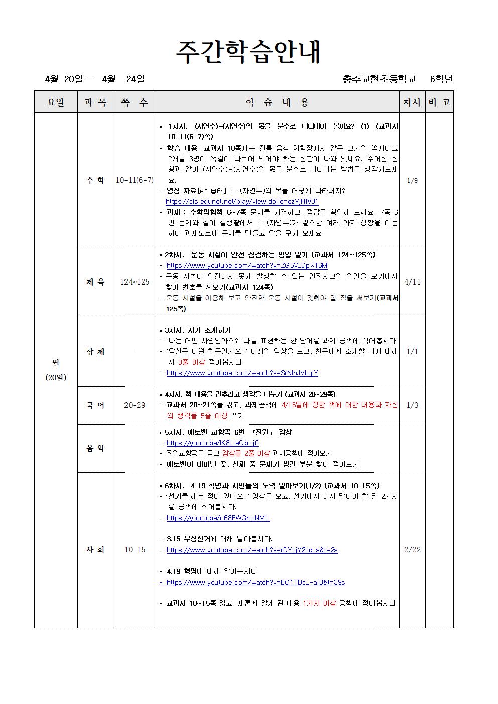 4월20일-4월 24일 온라인 주간학습 계획001