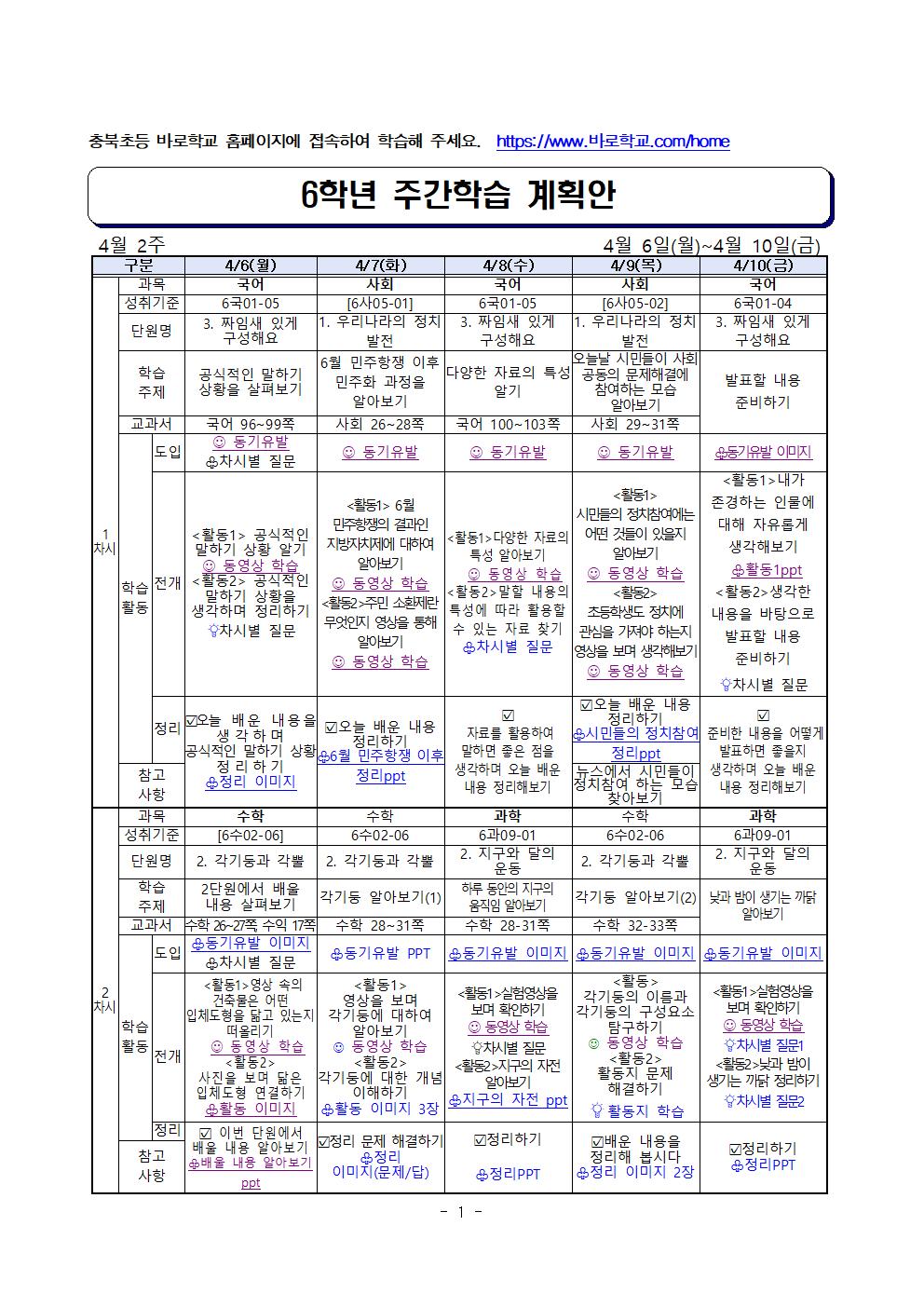 6학년 주간학습 계획안(4월 2주)001