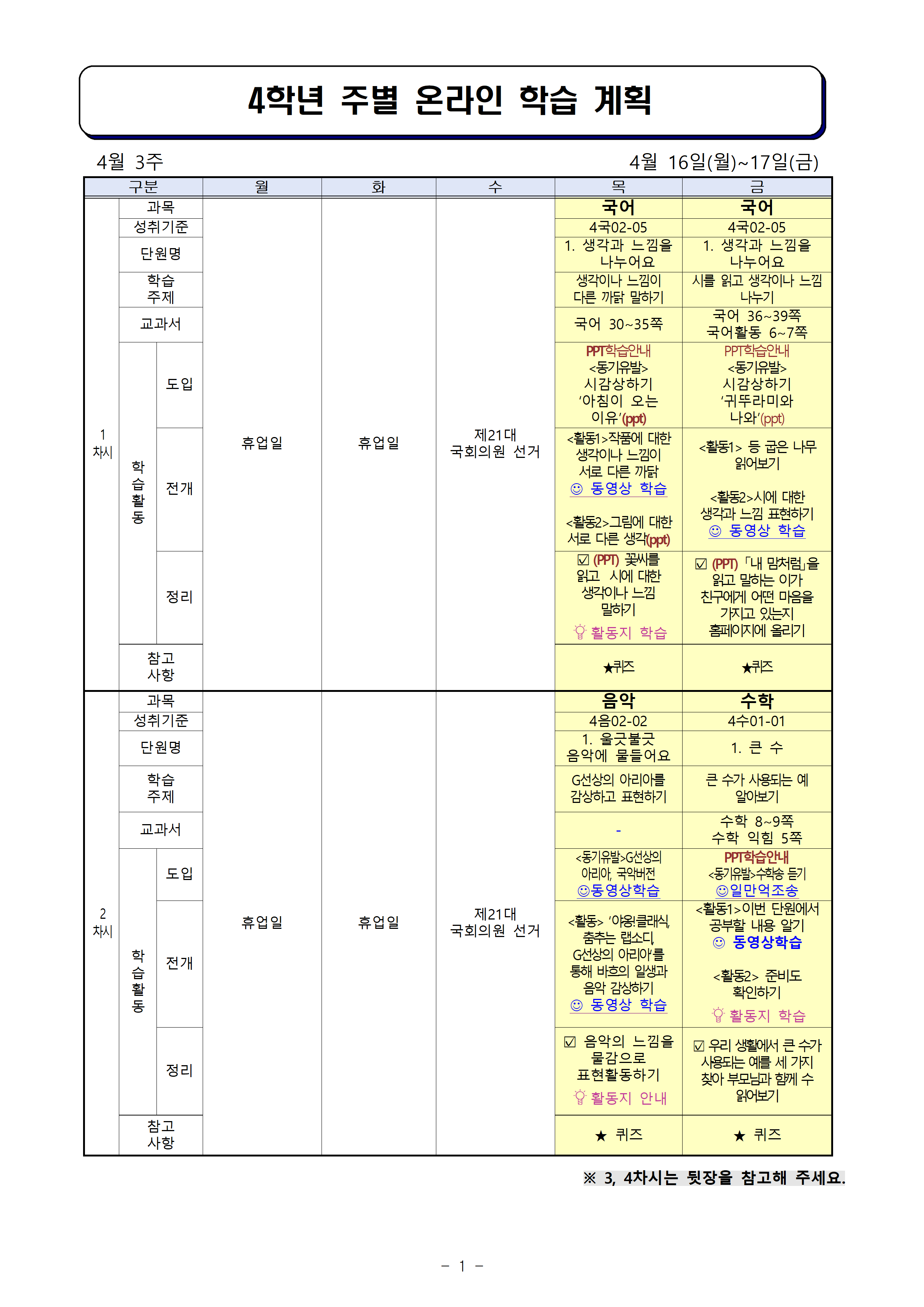 주별 온라인 학습 계획(4학년)_4월16일-4얼17일001