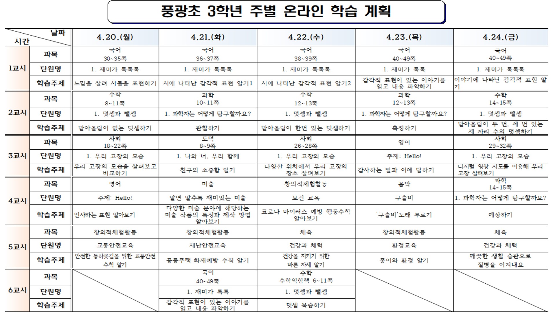 (1주차)3학년 온라인 수업 계획표