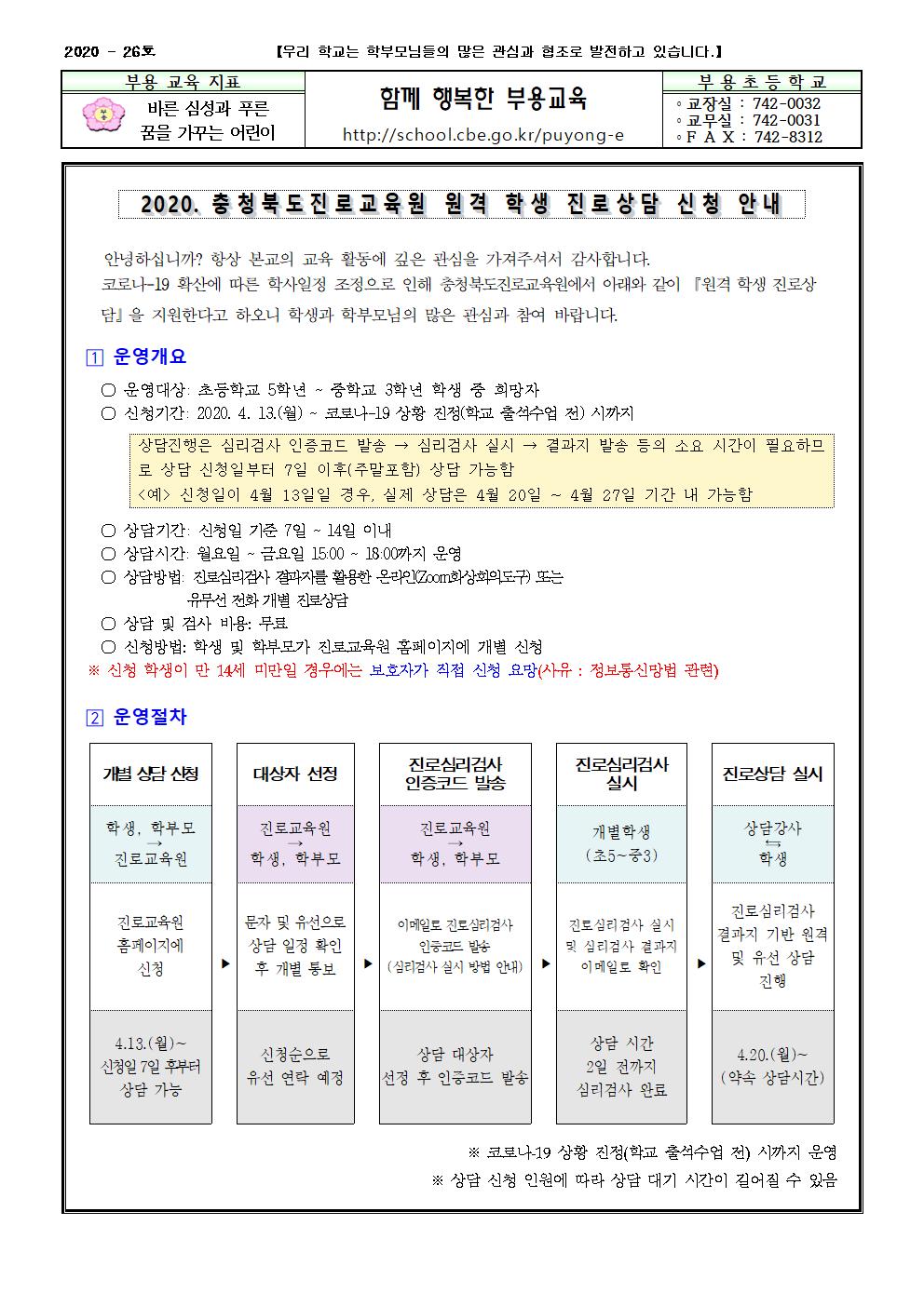 26호-2020. 충청북도진로교육원 원격 학생 진로상담 신청 안내001