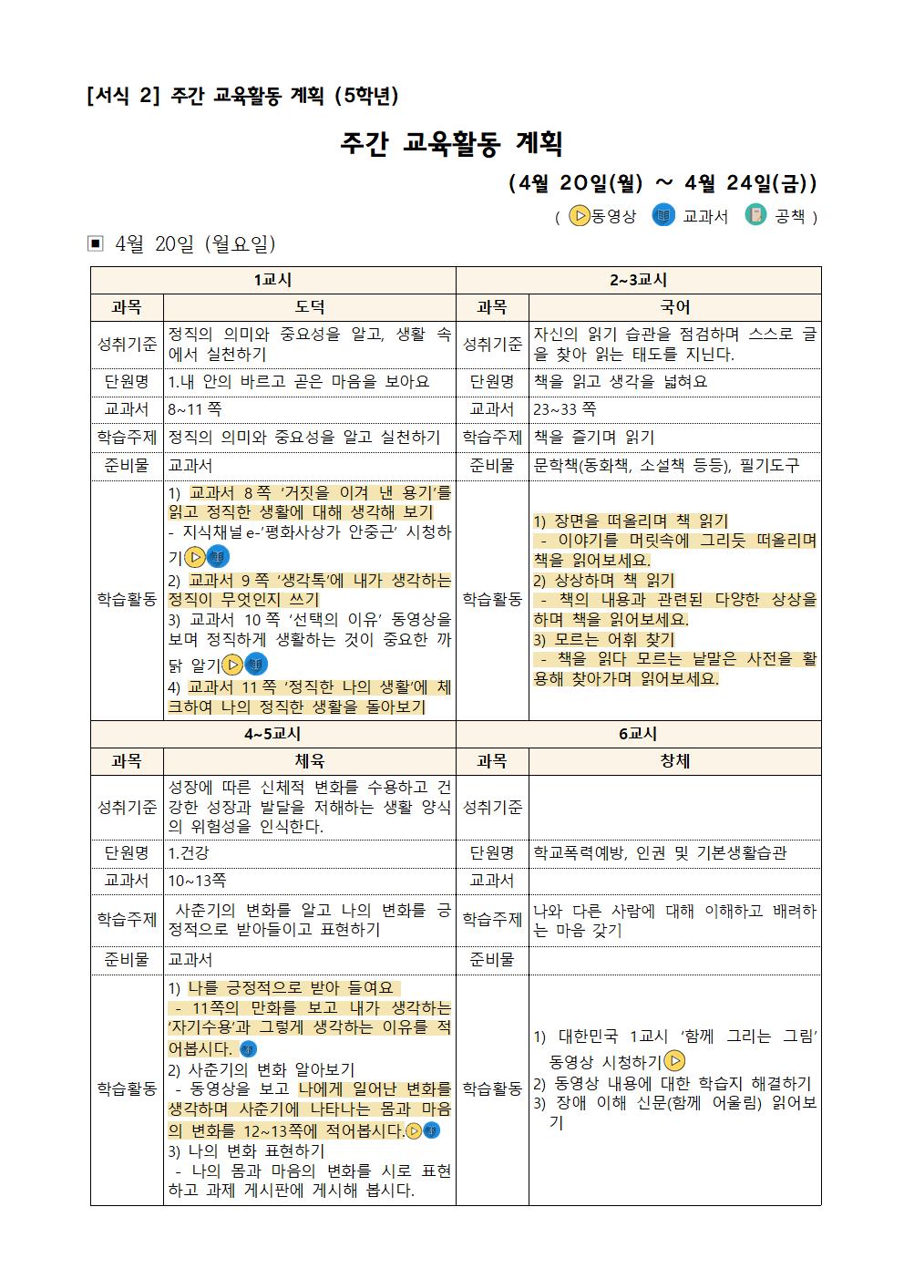 (5학년)온라인개학 주안-4월 20일