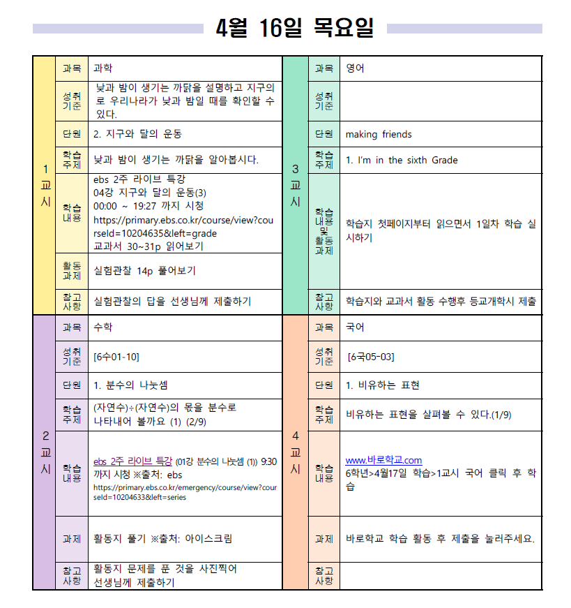 4월 16일 일일학습계획