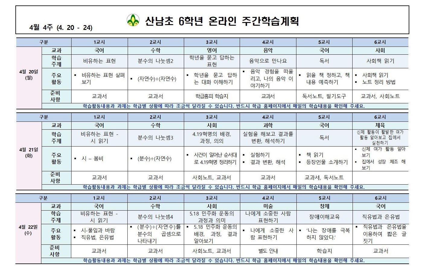 산남초6학년_주간학습계획(4.20-24)001