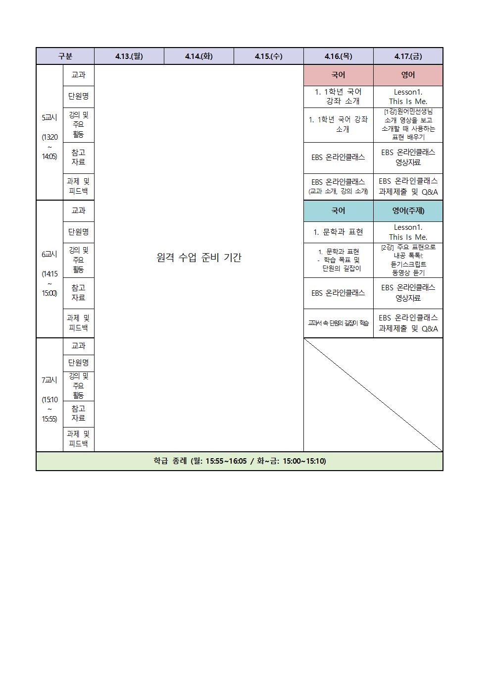 1학년 원격수업 주간학습계획(4.16.-4.24002