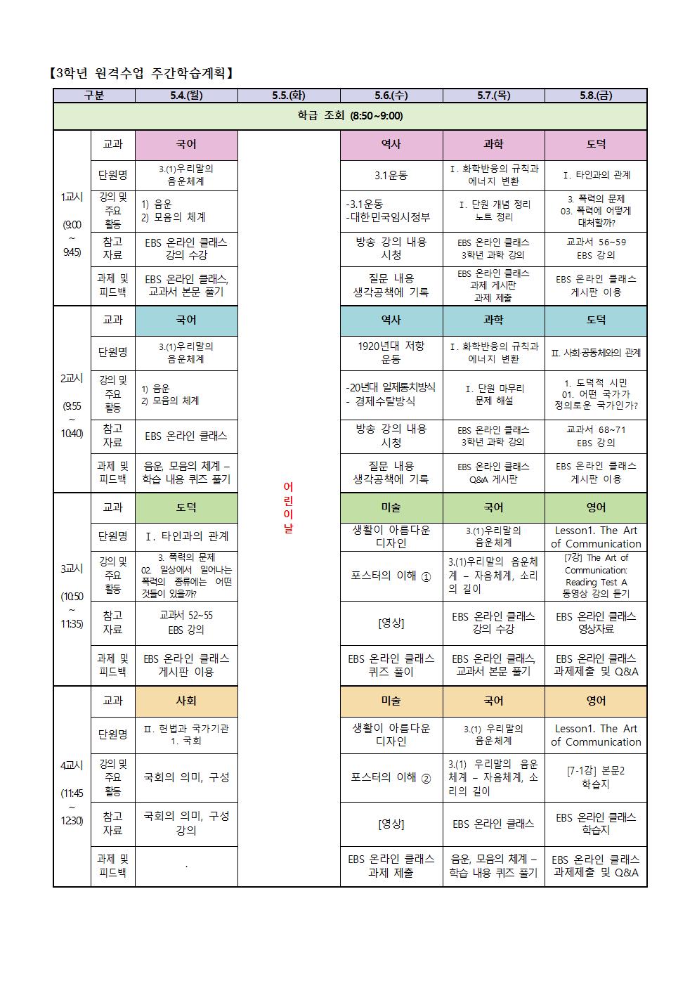 3학년 원격수업 주간학습계획(5.4.-5.8001