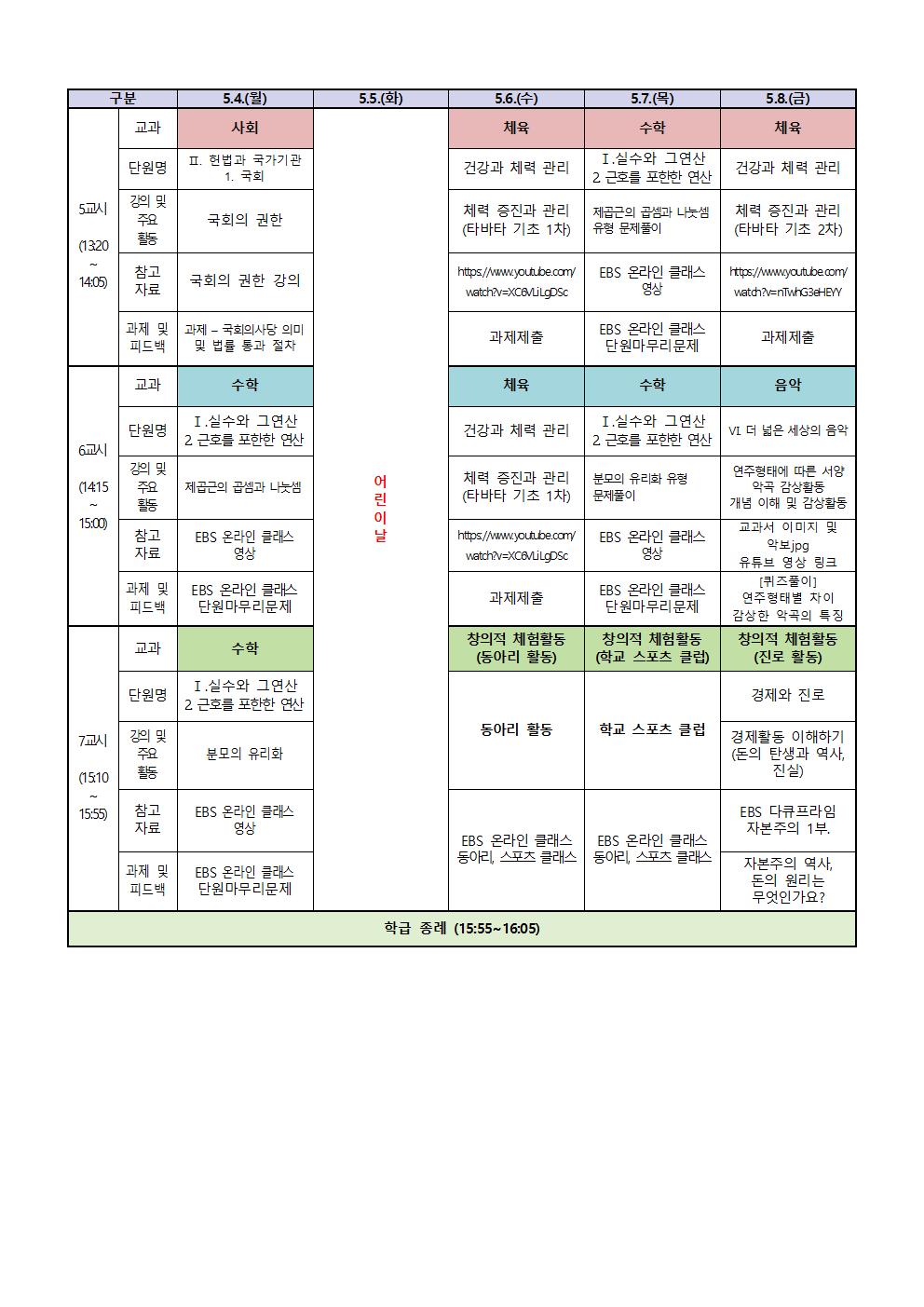 3학년 원격수업 주간학습계획(5.4.-5.8002