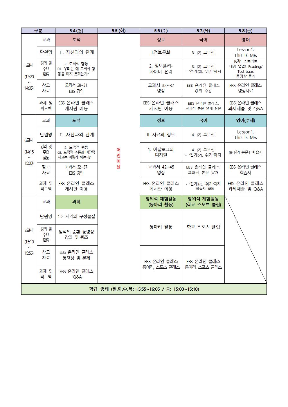 1학년 원격수업 주간학습계획(5.4.-5.8002