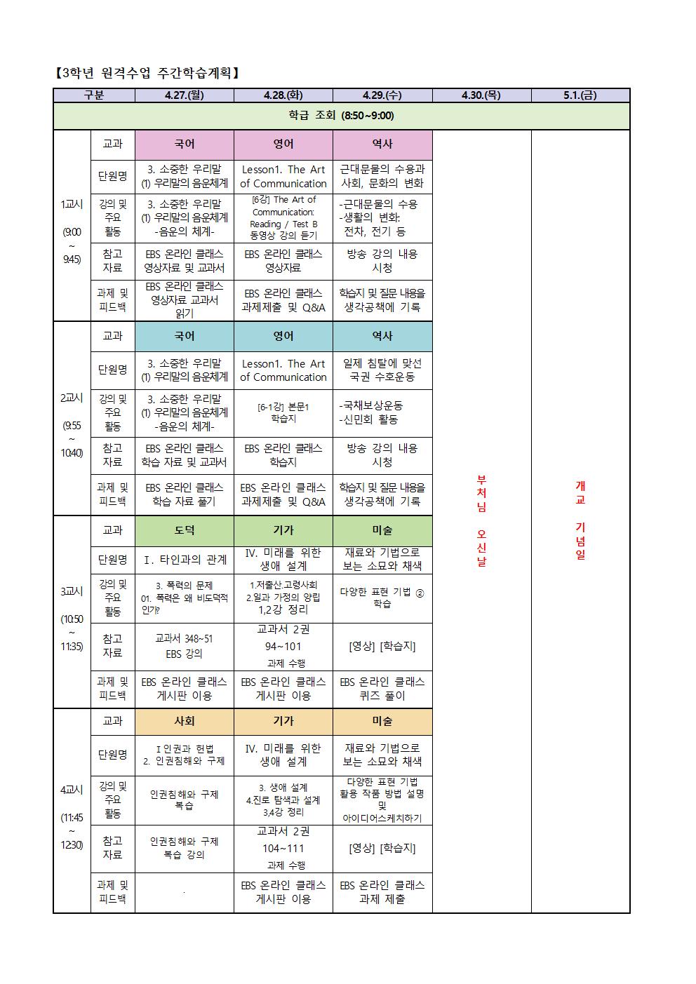 3학년 원격수업 주간학습계획(4.27.-4.29001