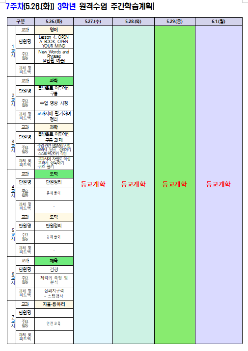 7주차(5.26.) 3학년 원격수업 주간학습계획