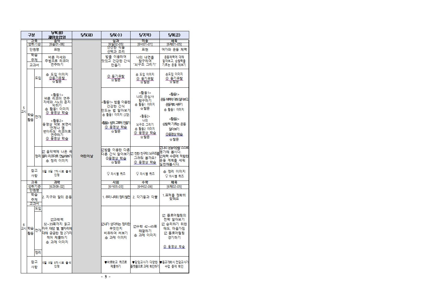 5월4일_5월8일 주별 온라인 학습 계획(6학년)002