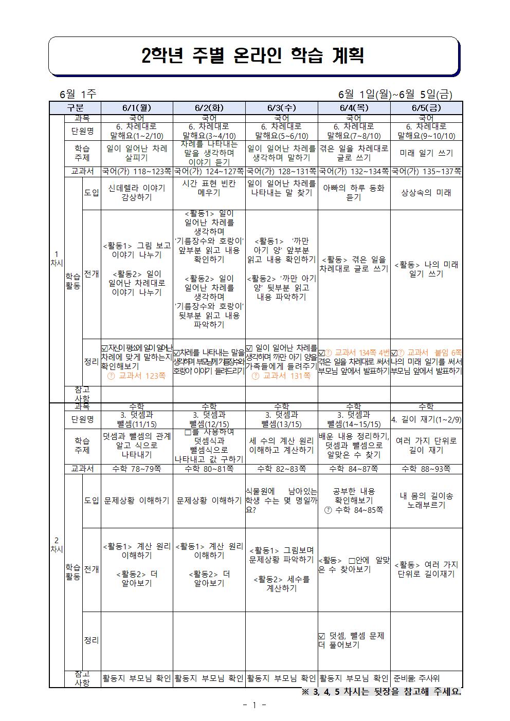 6월1일-6월5일_주별 온라인 학습 계획(2학년)001