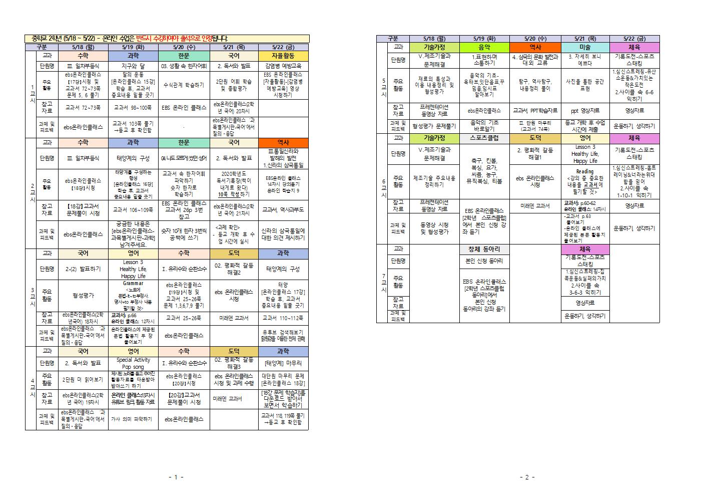 주간학습계획(5.18-5.22.) 2학년001