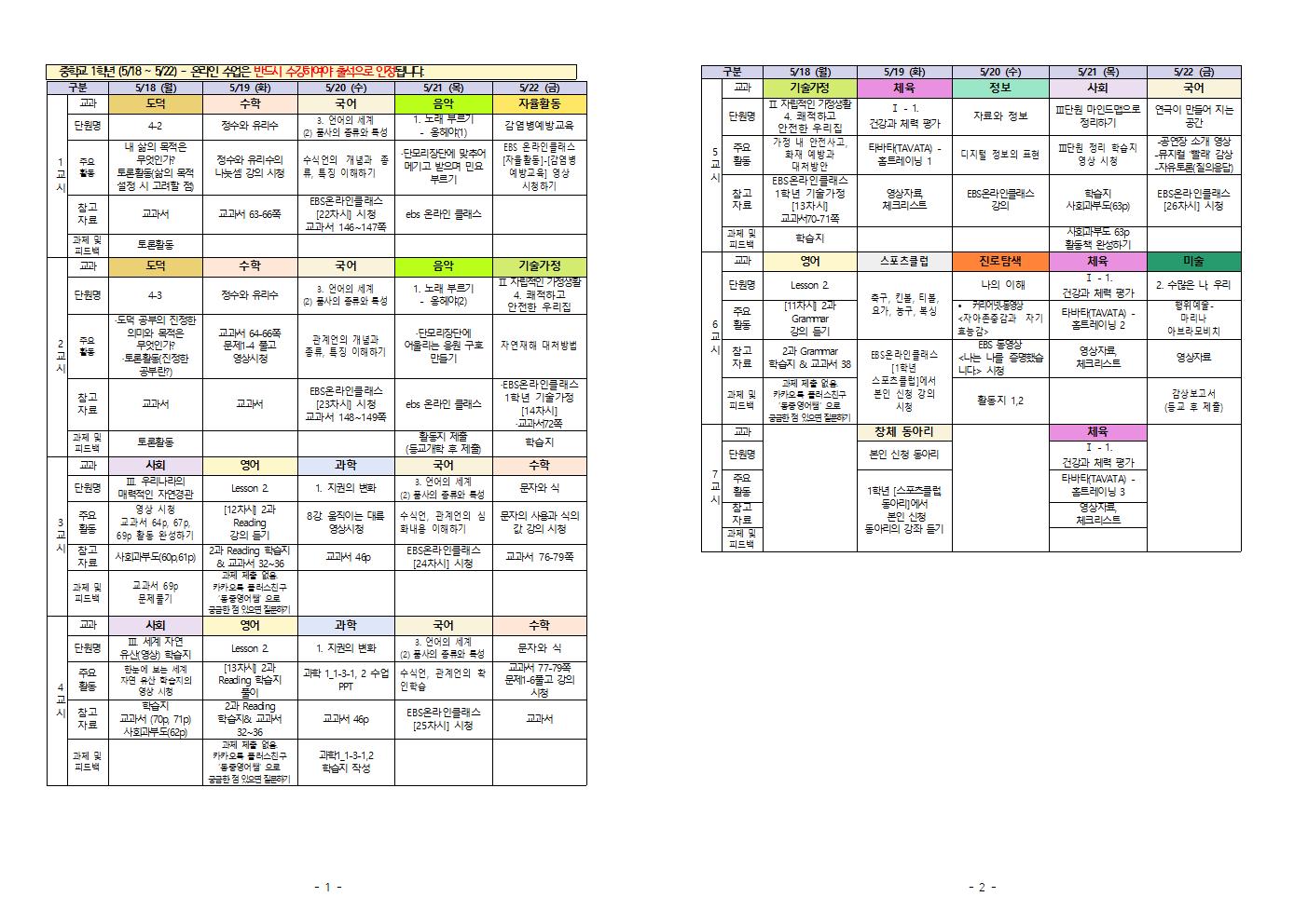 주간학습계획(5.18-5.22.) 1학년001