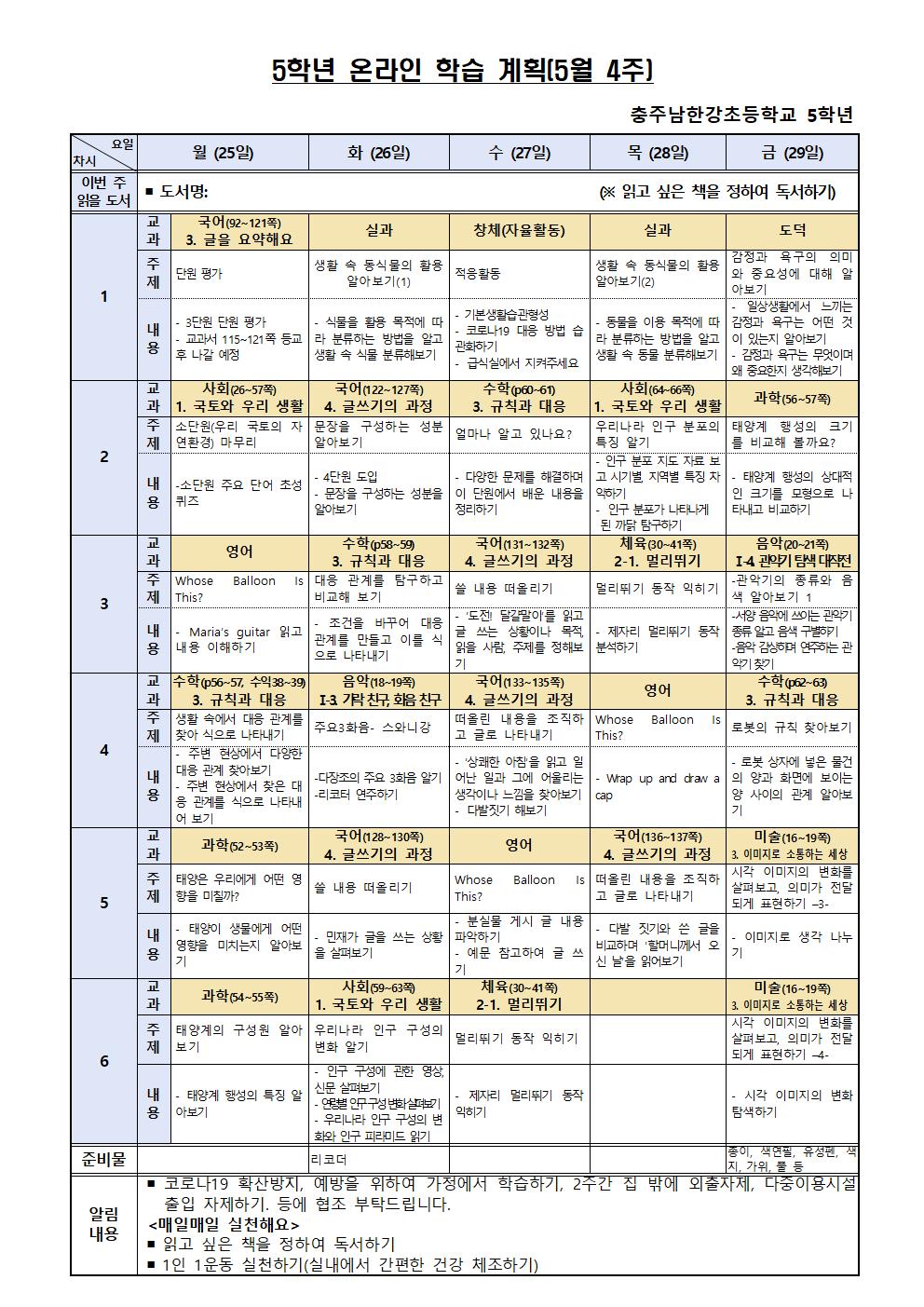 5학년 온라인 학습 계획(5월 4주)