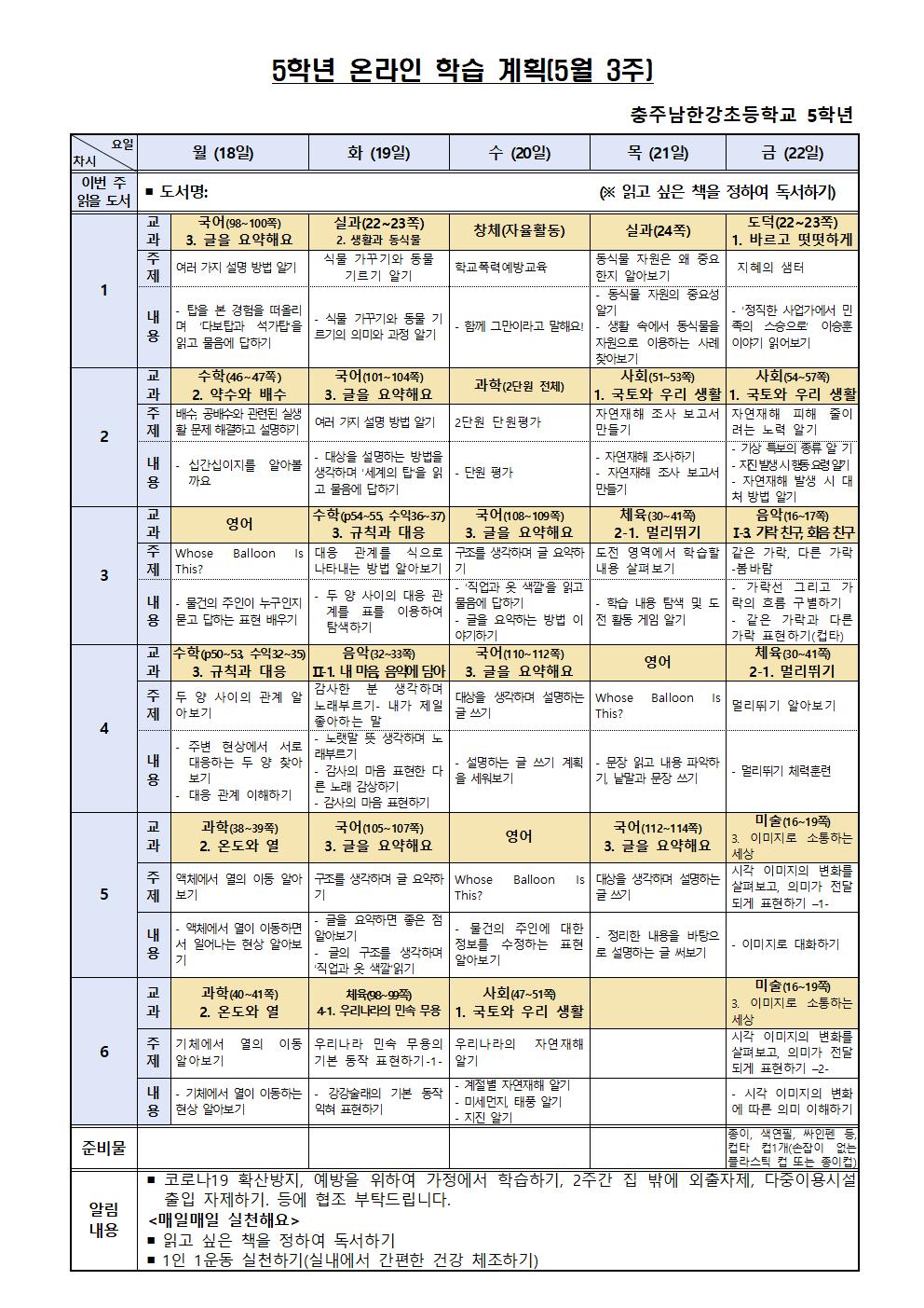 5학년 온라인 학습 계획(5월 3주)