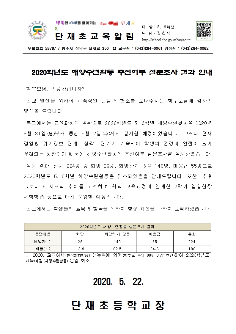 해양수련활동 추진여부 설문조사 결과 안내