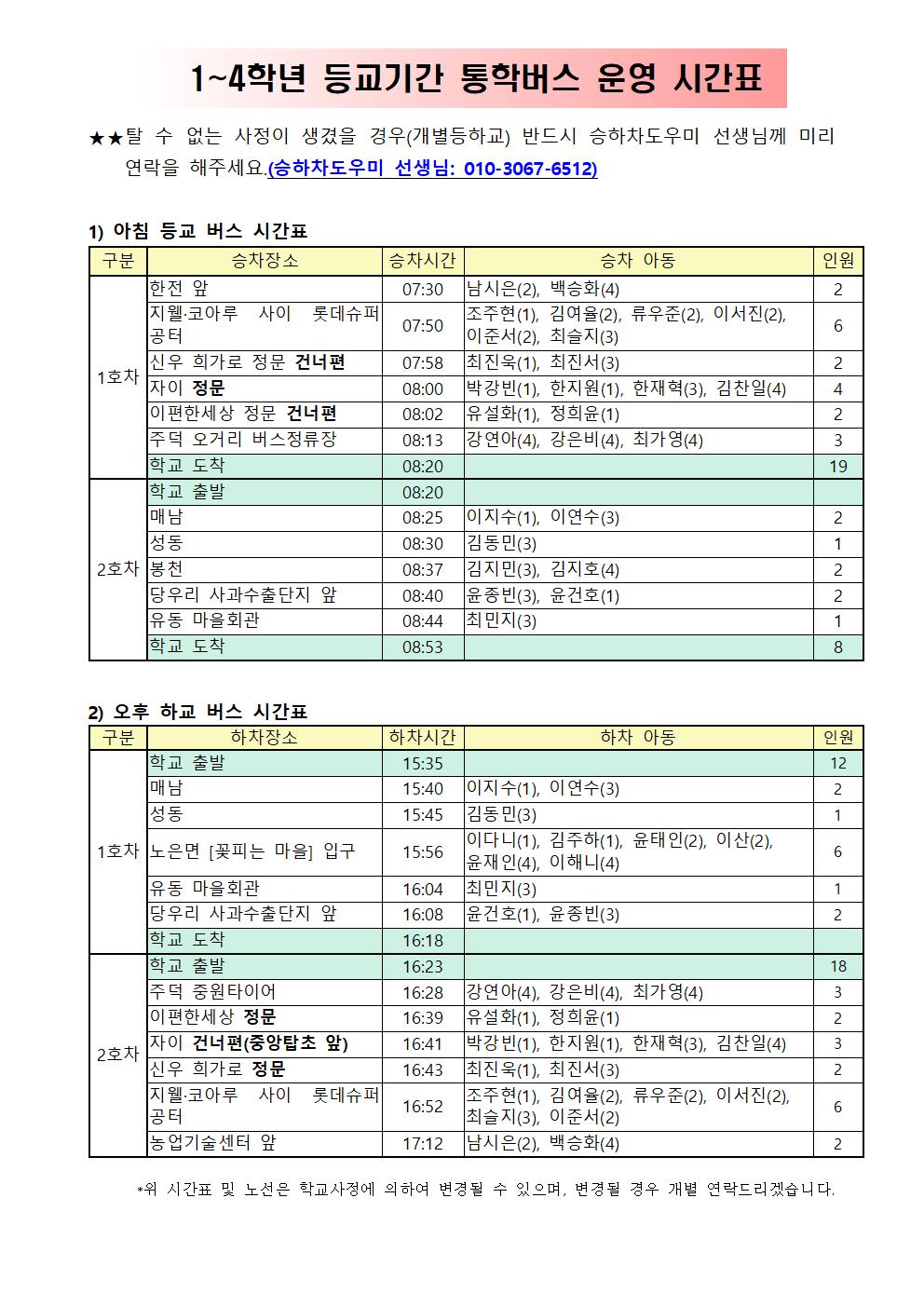 1~4학년 등교기간 통학버스 운영 안내002