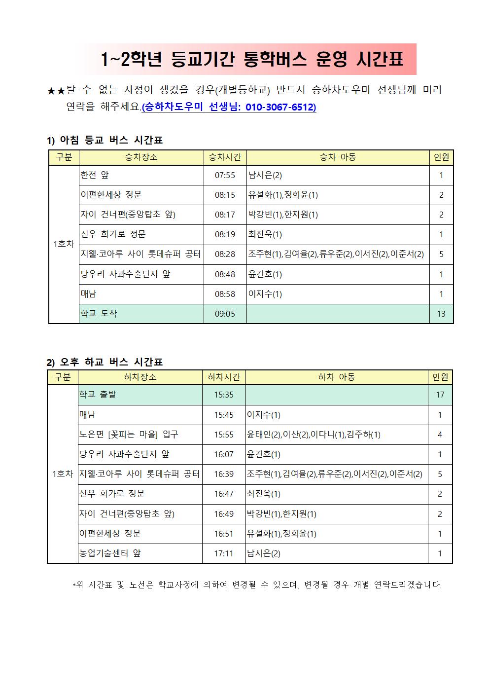 1~2학년 등교기간 통학버스 운영 안내(수정)002