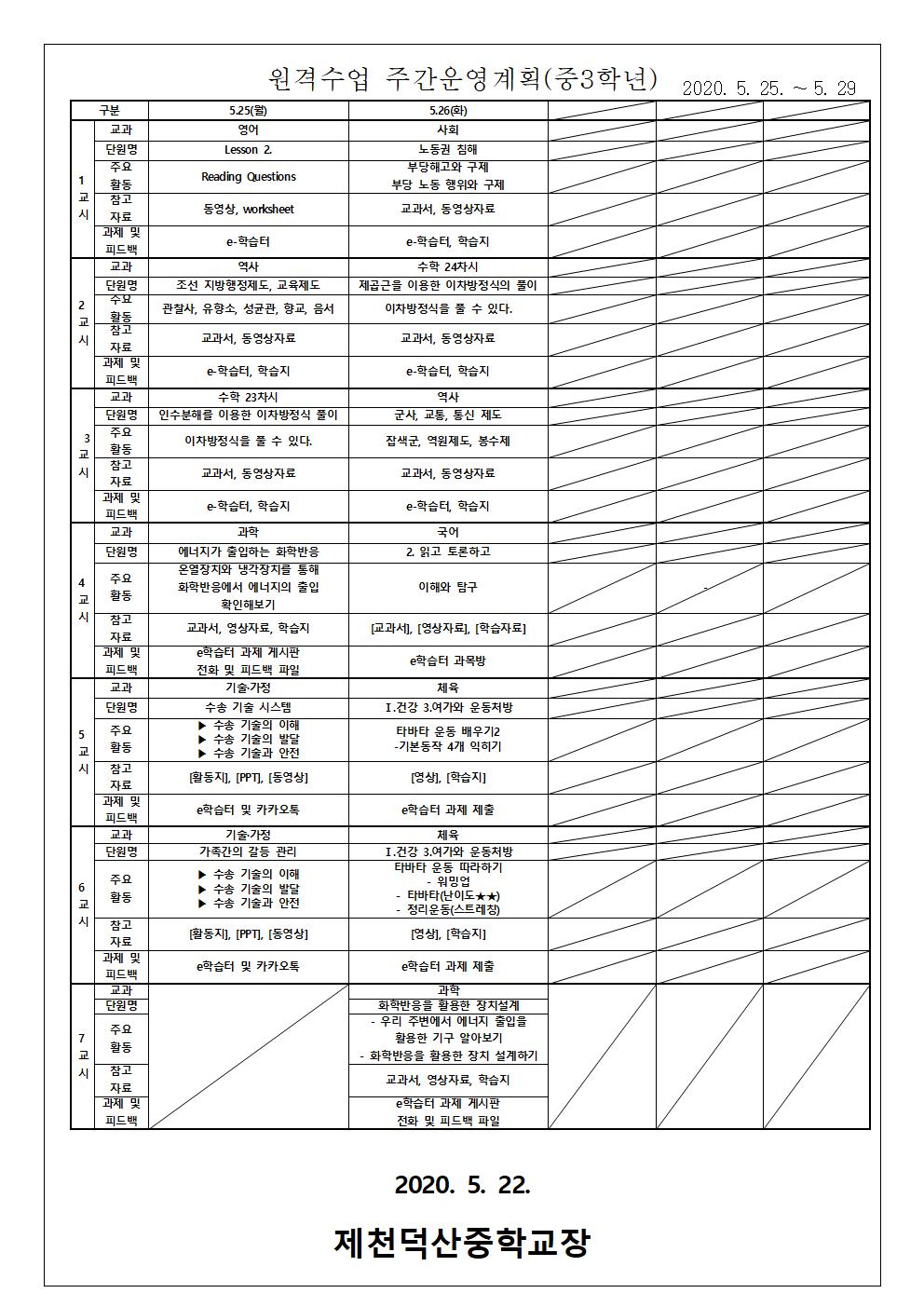 5월 넷째 주 원격수업 주간운영계획 안내 가정통신문003