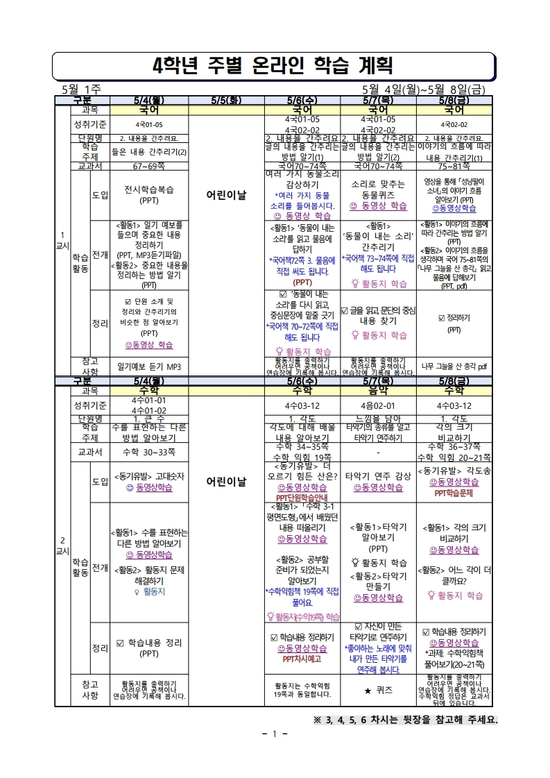 주별 온라인 학습 계획(4학년)_5월4일_5월8일.pdf_page_1