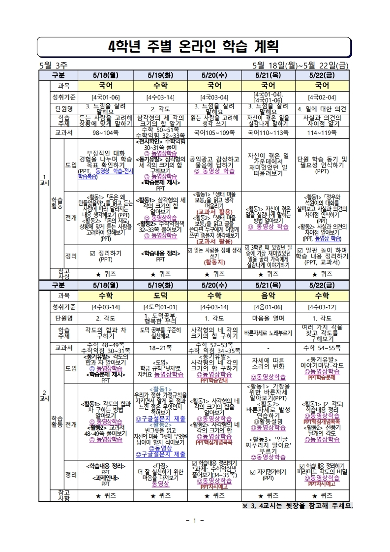 1. 주별 온라인 학습 계획(4학년)_5월18일_5월22일.pdf_page_1