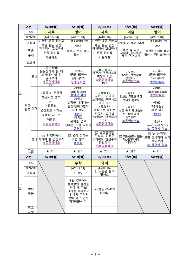 1. 주별 온라인 학습 계획(4학년)_5월18일_5월22일.pdf_page_3