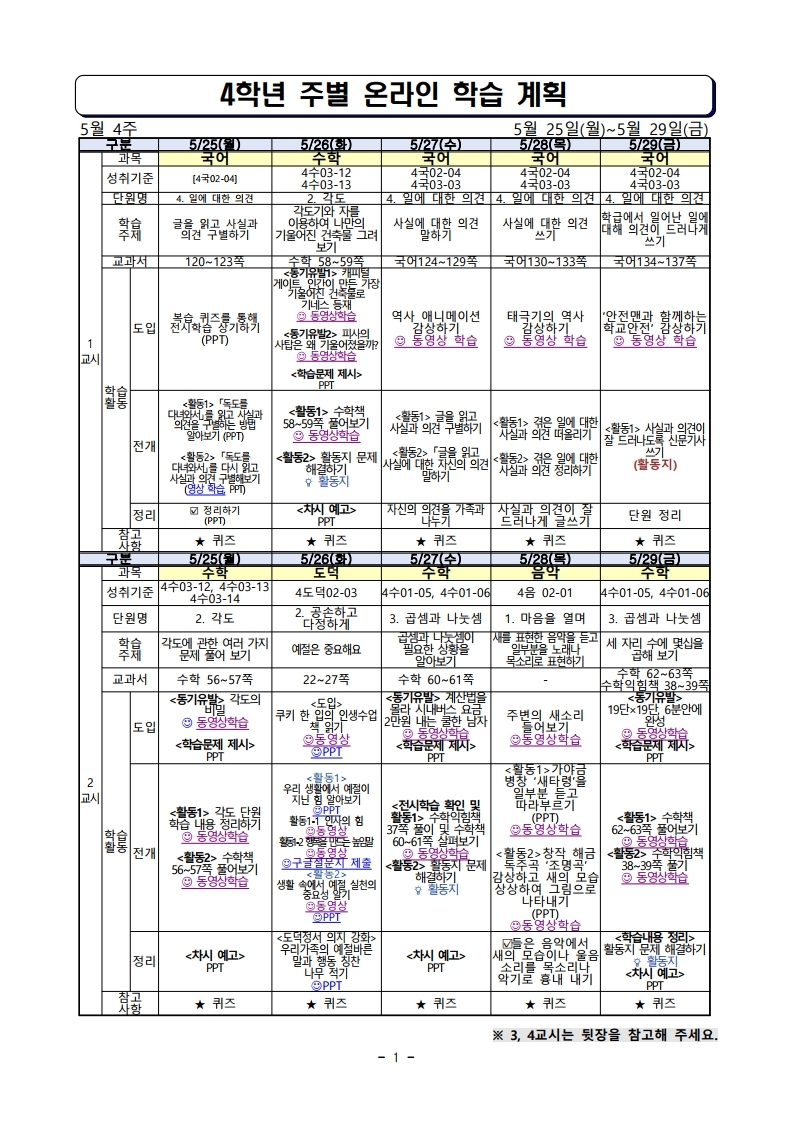 주별 온라인 학습 계획(4학년)_5월25일_5월29일.pdf_page_1