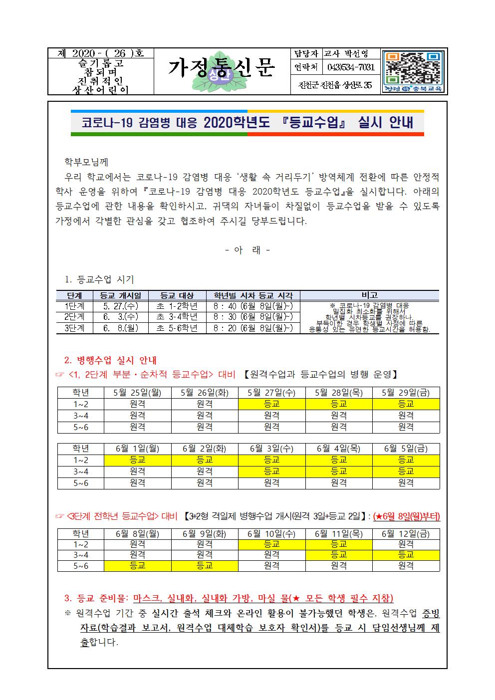 (가정통신문) 등교수업 실시 안내001