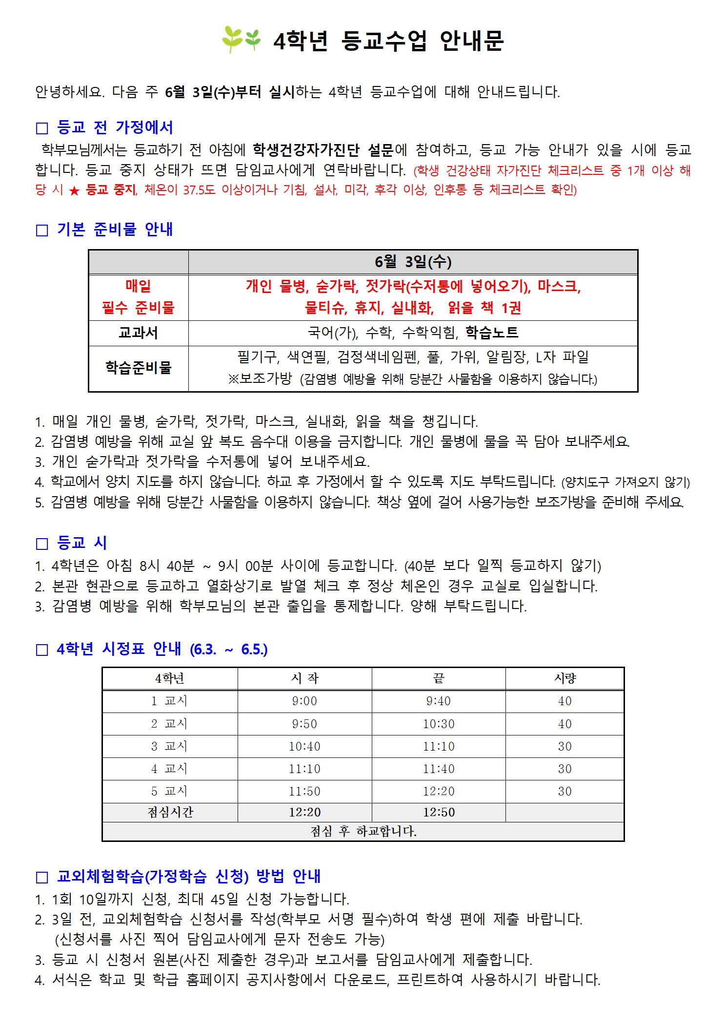 등교 안내문(4학년)001