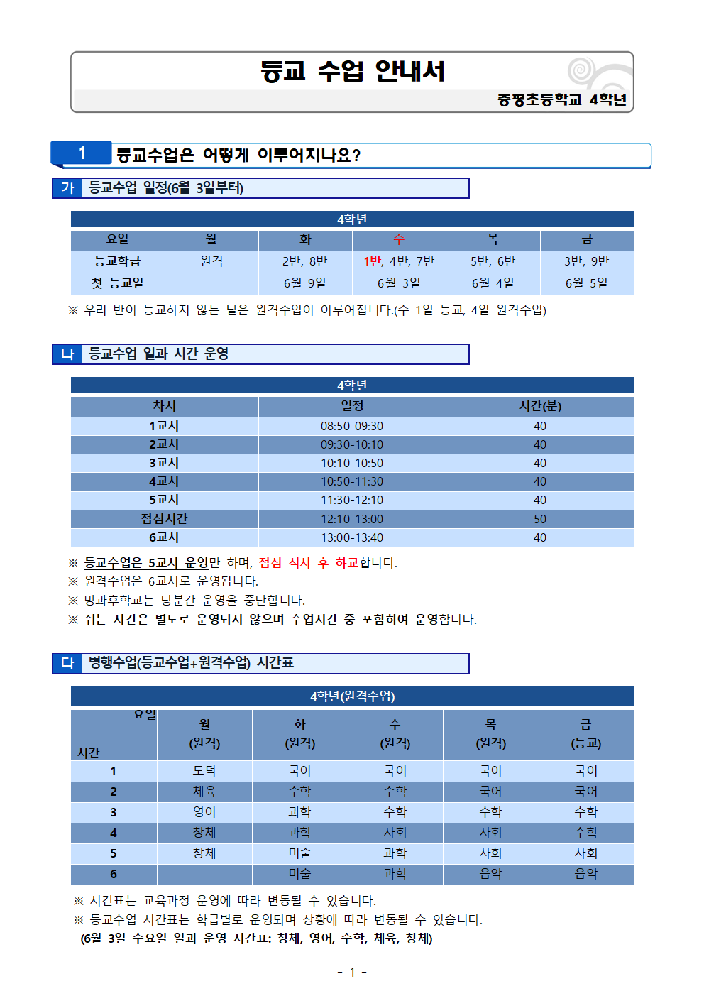 증평초등학교 4학년 등교수업 안내서(완료)001