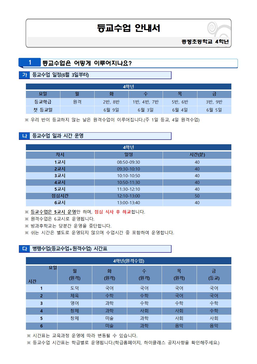 증평초등학교 4학년 등교수업 안내서(완료)001