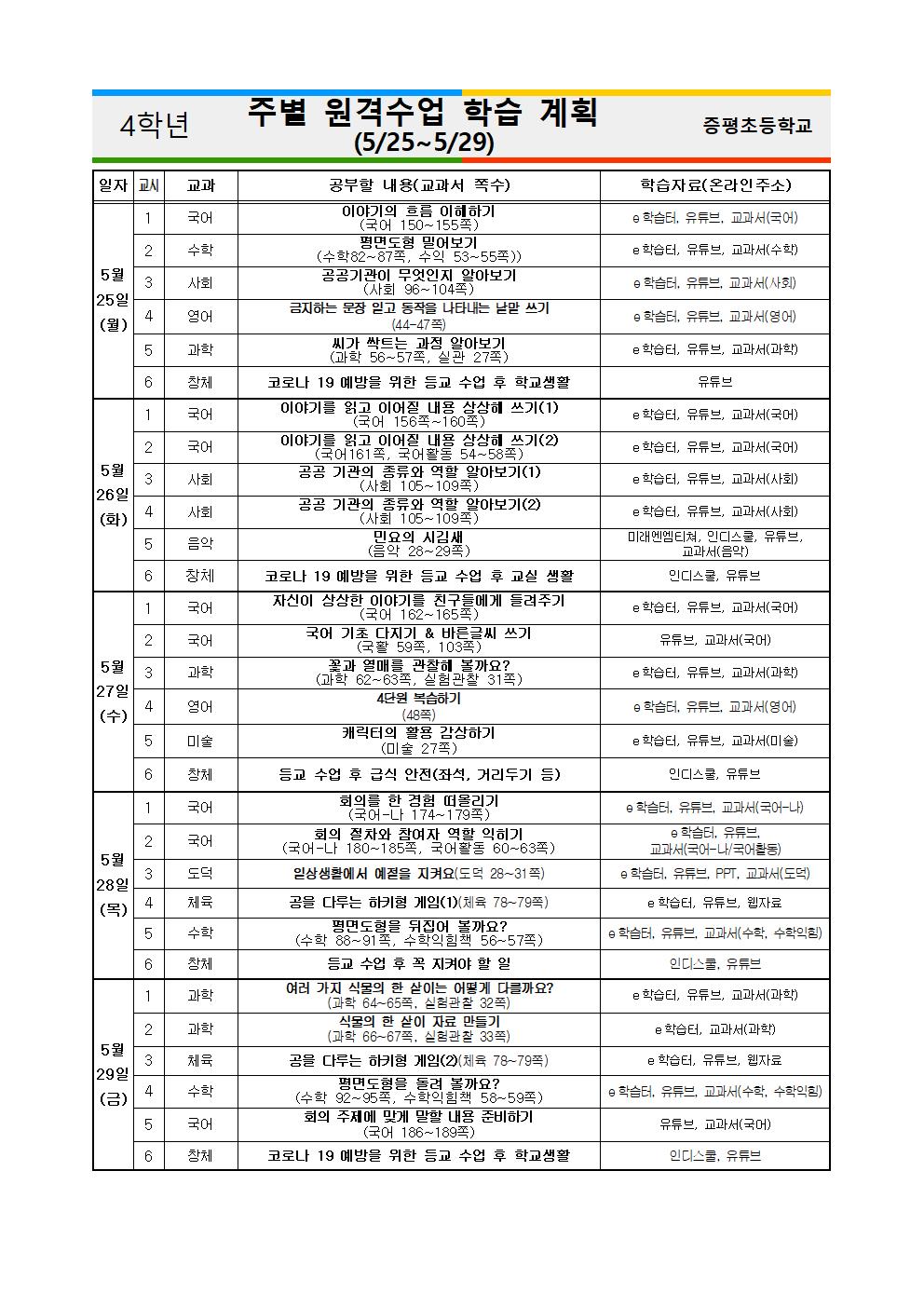 4학년 주별 원격수업 학습 계획(5.25-5.29)