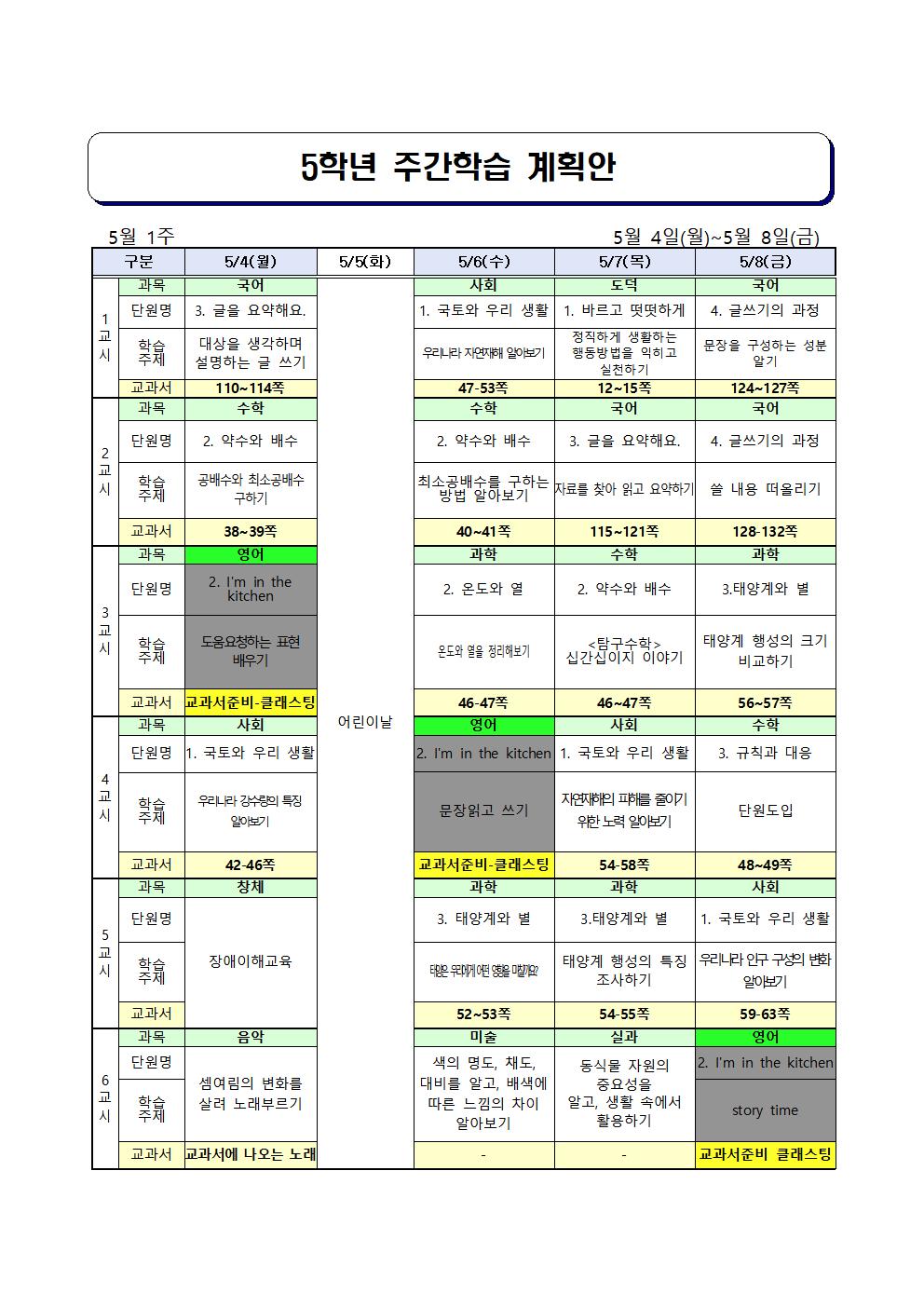 ★주간학습 계획안(5학년)_5월4일-5월8일(게시용)001