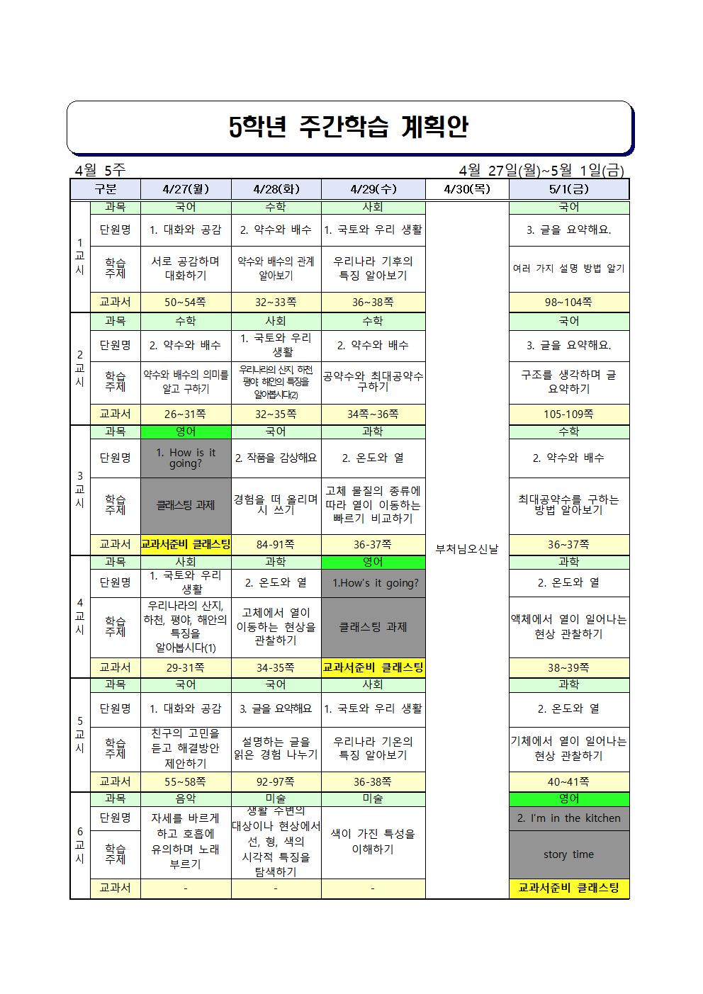 ★주간학습 계획안(5학년)_4월4주차_4월27일-5월1일(게시용)001