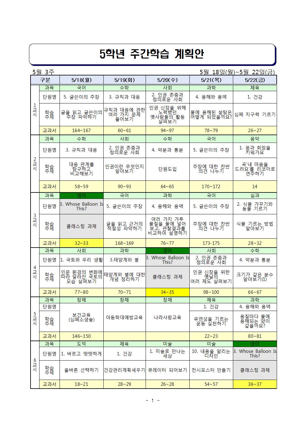 ★5학년 주간학습 계획안 5월3주차(5월18일-5월23일(게시용)