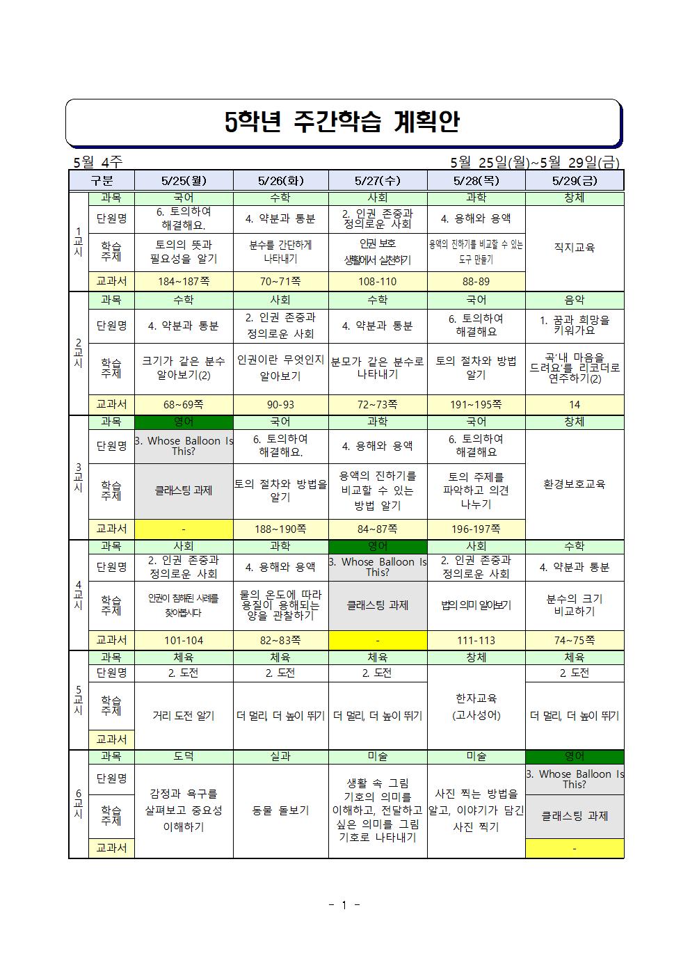 ★5학년 주간학습 계획안 5월4주차(5월25일-5월29일(게시용)001