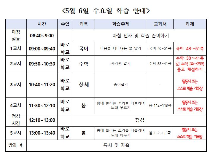 5월 6일 수요일 학습안내