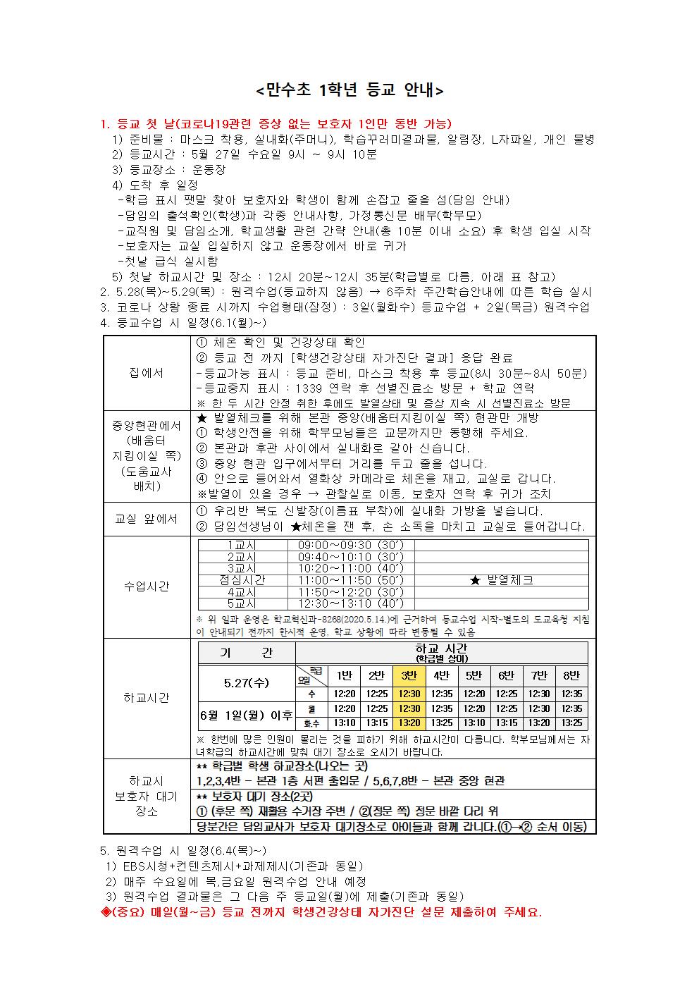 만수초 1학년 등교 안내001