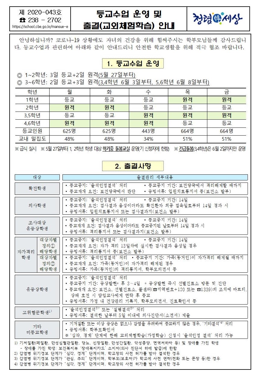 등교수업 운영 및 출결(교외체험학습) 안내(5.22.금)001