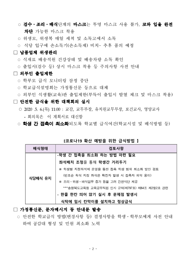 2020. 코로나19 관련 등교 전 안전한 학교급식운영 계획(남일초)5월15일_2