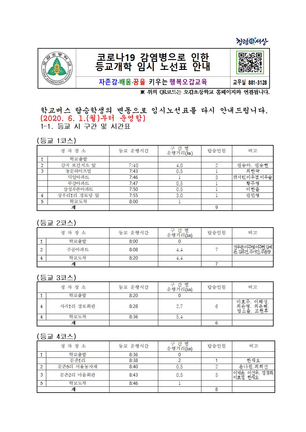 코로나19 등교개학 임시 노선표 가정통신문(5.28.)001