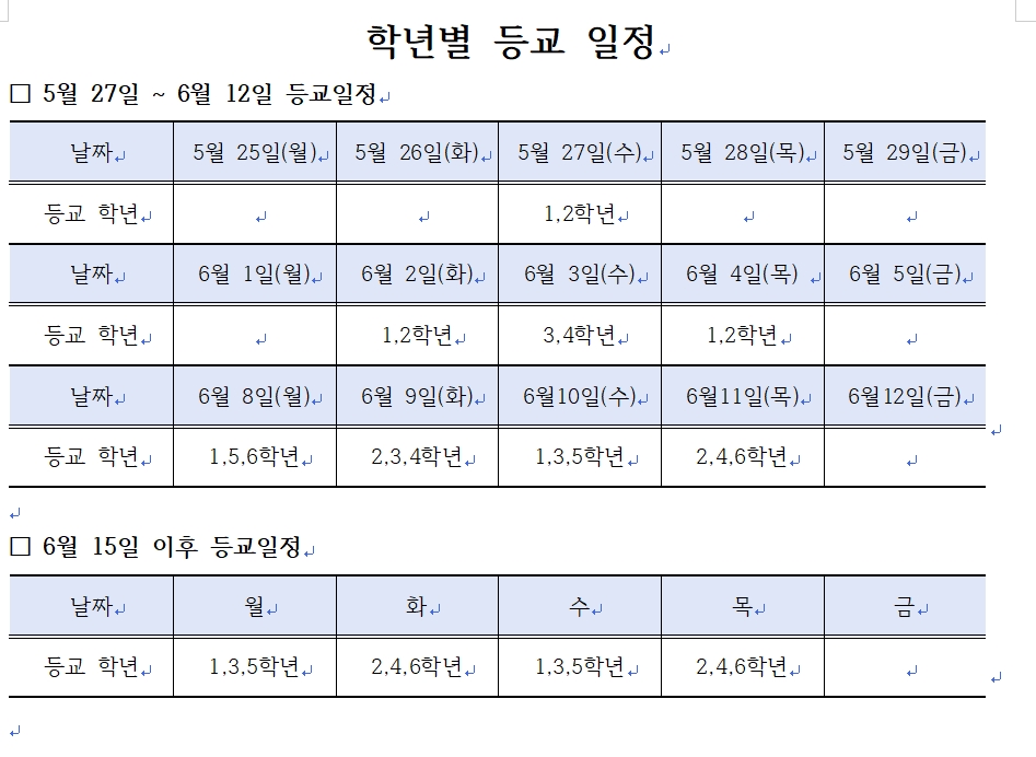 학년별 등교일정