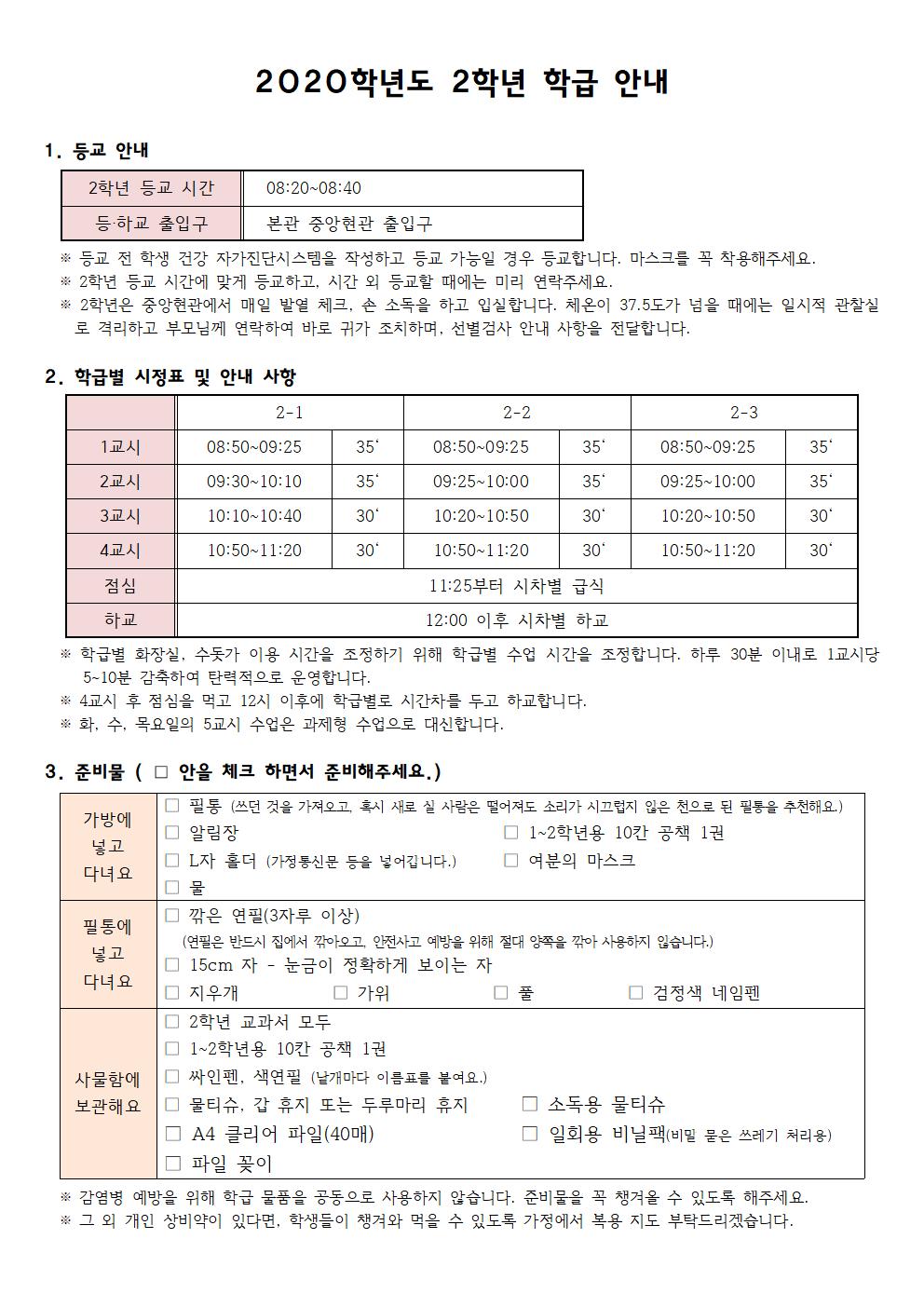 2020. 2학년 학급 안내(코로나 관련)001