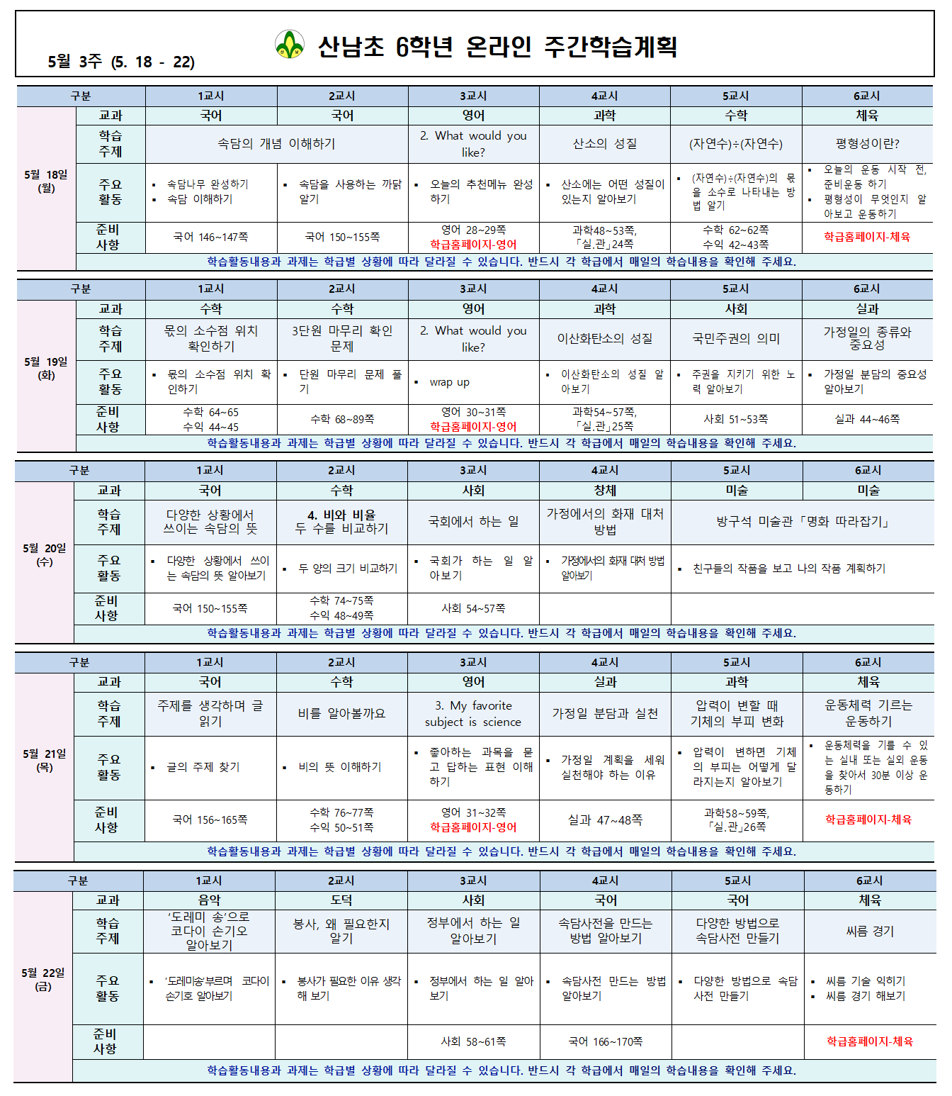 산남초6학년_주간학습계획(5.18-22)