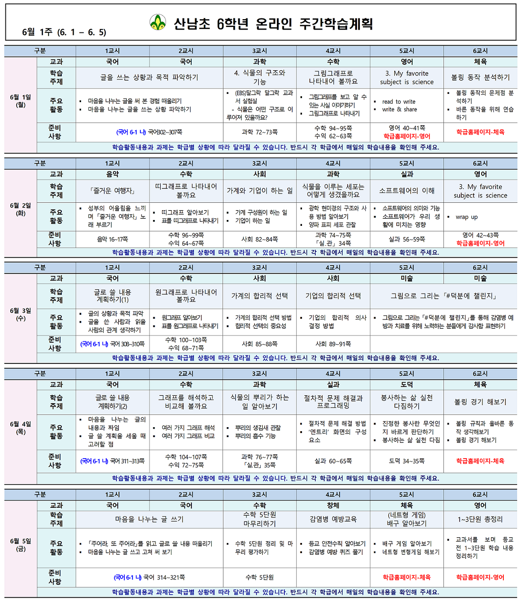 산남초6학년_주간학습계획(6.1-5)